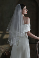 Two-tier Satin Edge Tulle Waist Veils with Ribbons CV0313 - COCOMELODY