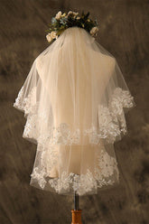 Two-tier Lace Edge Tulle Lace Waist Veils with Pearls CV0356 - COCOMELODY