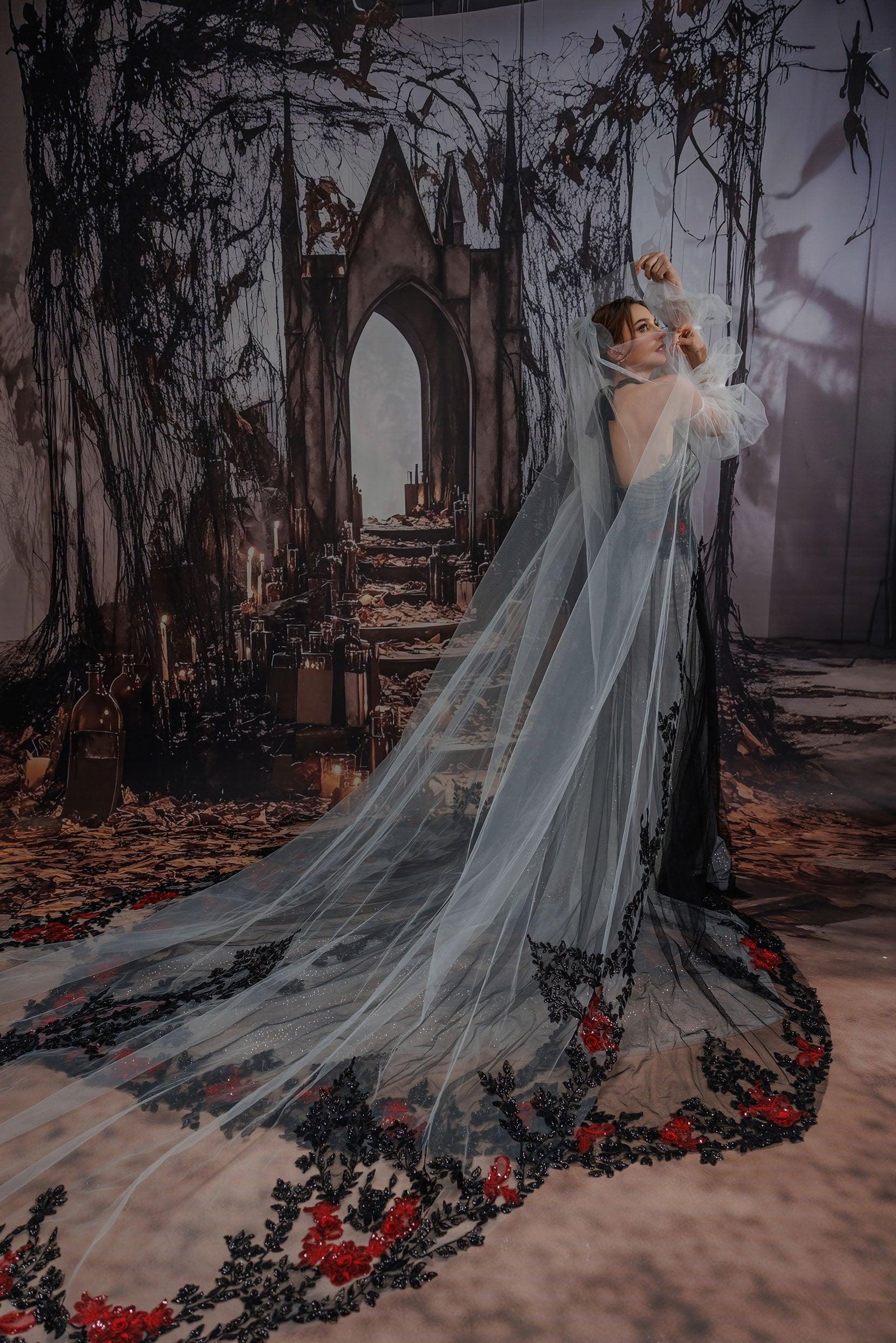 One-tier Lace Edge Tulle Cathedral Veils with Appliques Sequin CV0401 - COCOMELODY
