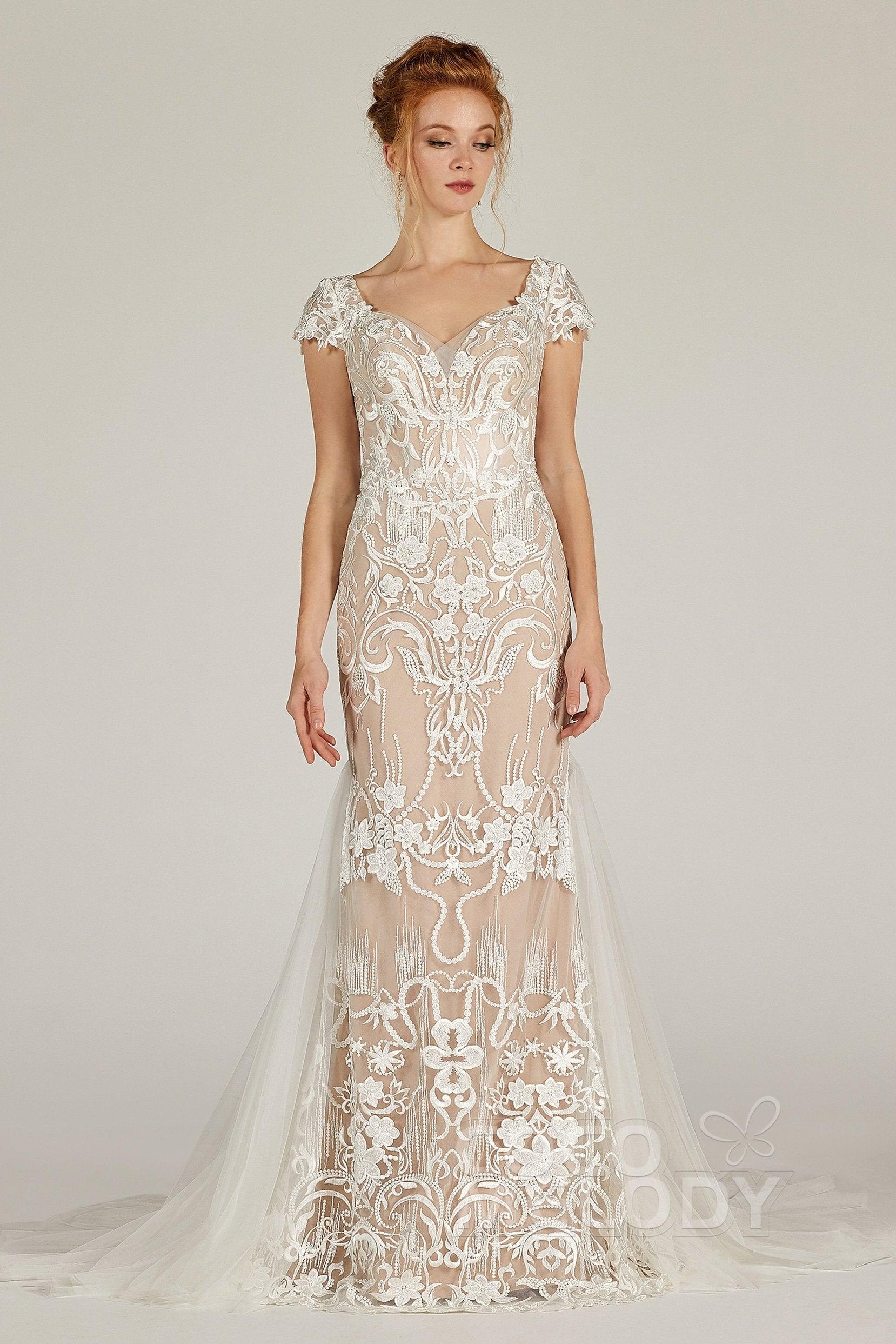 Trumpet Court Train Lace Knitted Fabric Wedding Dress CW2129CR - COCOMELODY