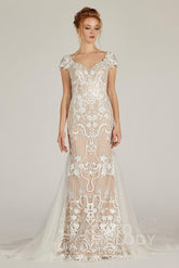 Trumpet Court Train Lace Knitted Fabric Wedding Dress CW2129CR - COCOMELODY
