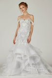 Trumpet Court Train Tulle Elastic Satin Wedding Dress CW2138CR - COCOMELODY