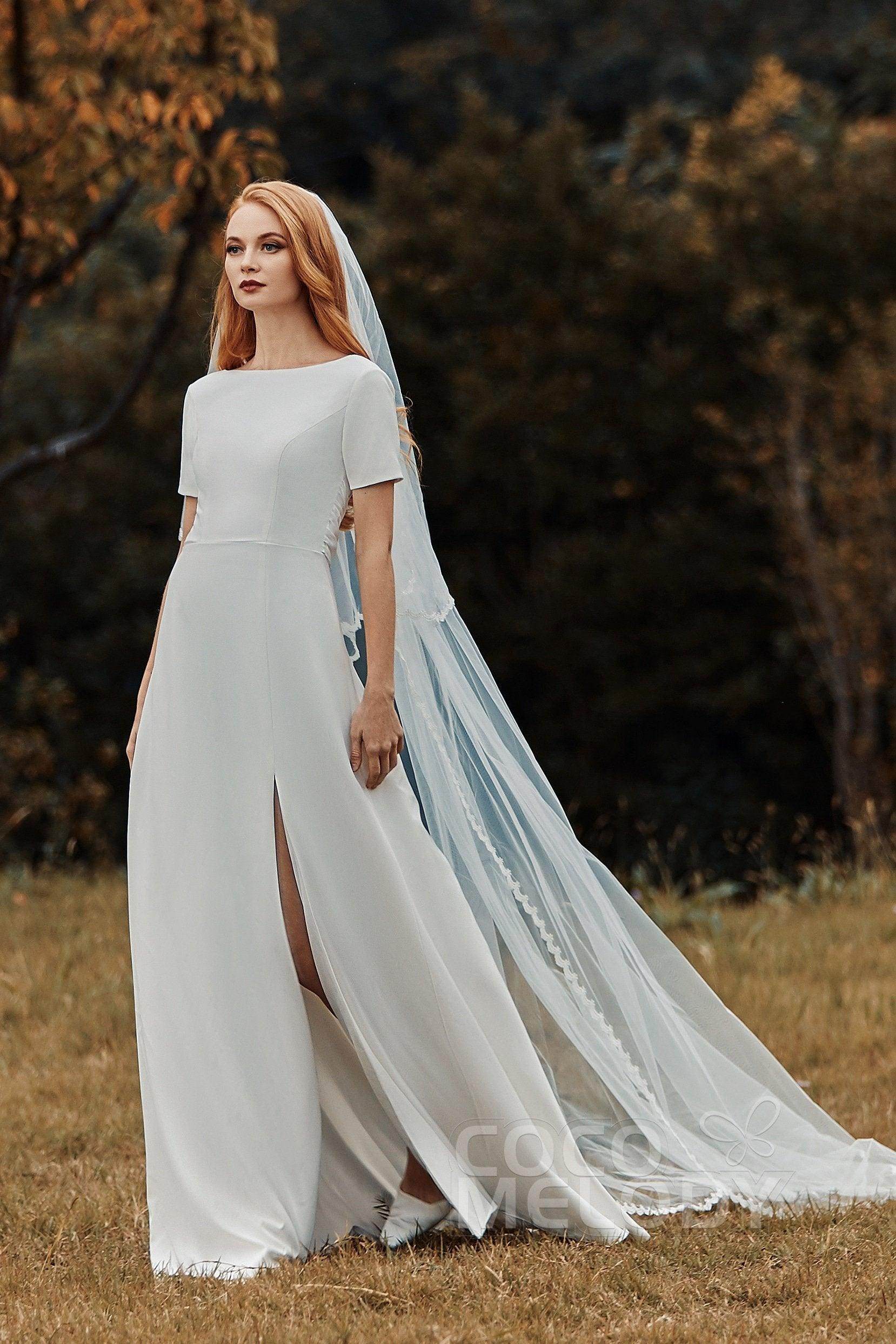 A-Line Sweep-Brush Train Elastic Fabric Wedding Dress CW2214 - COCOMELODY