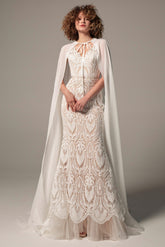 Trumpet Sweep-Brush Train Chiffon Lace Wedding Dress CW2221 - COCOMELODY