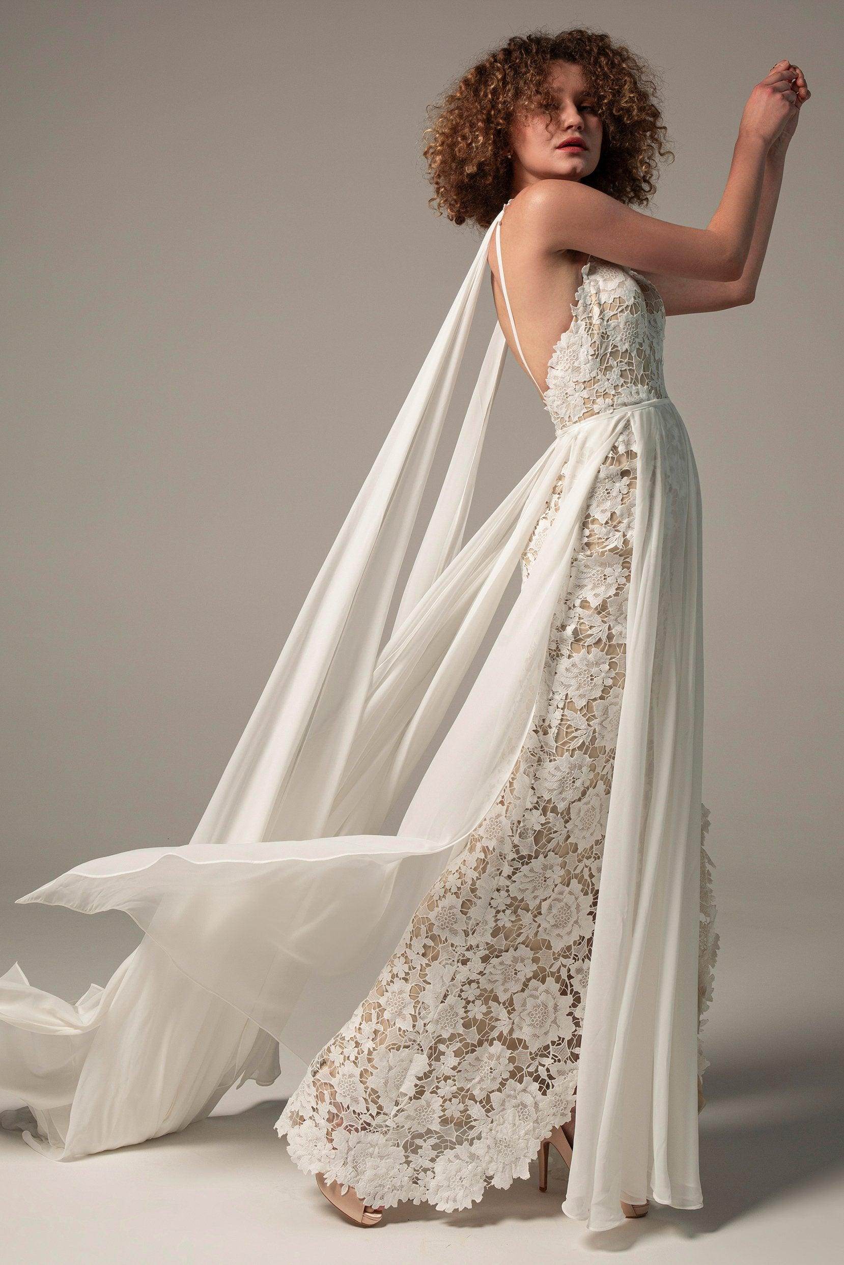 Sheath Sweep-Brush Train Chiffon Lace Wedding Dress CW2226 - COCOMELODY