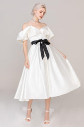 A-Line Tea Length Satin Wedding Dress CW2407 - COCOMELODY