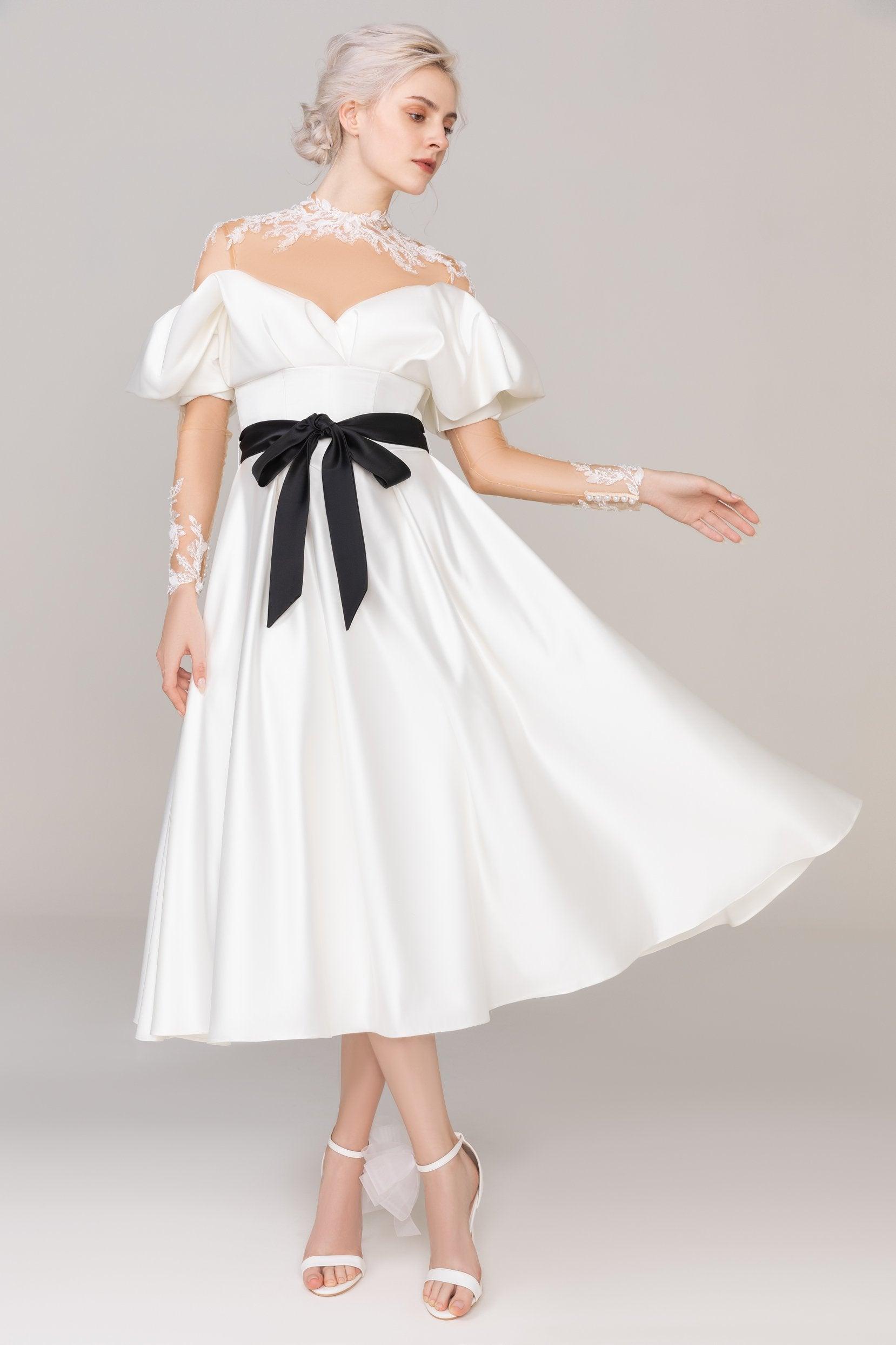 A-Line Tea Length Satin Tulle Wedding Dress CW2459 - COCOMELODY