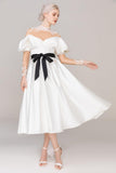 A-Line Tea Length Satin Tulle Wedding Dress CW2459 - COCOMELODY