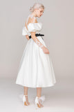 A-Line Tea Length Satin Tulle Wedding Dress CW2459 - COCOMELODY