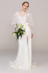 Trumpet Sweep-Brush Train Lace Elastic Cloth Wedding Dress CW2463 - COCOMELODY