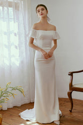 Sheath-Column Sweep-Brush Train Satin Wedding Dress CW2667 - COCOMELODY