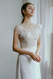 Sheath Sweep-Brush Train Lace Tulle Wedding Dress CW2672CR - COCOMELODY