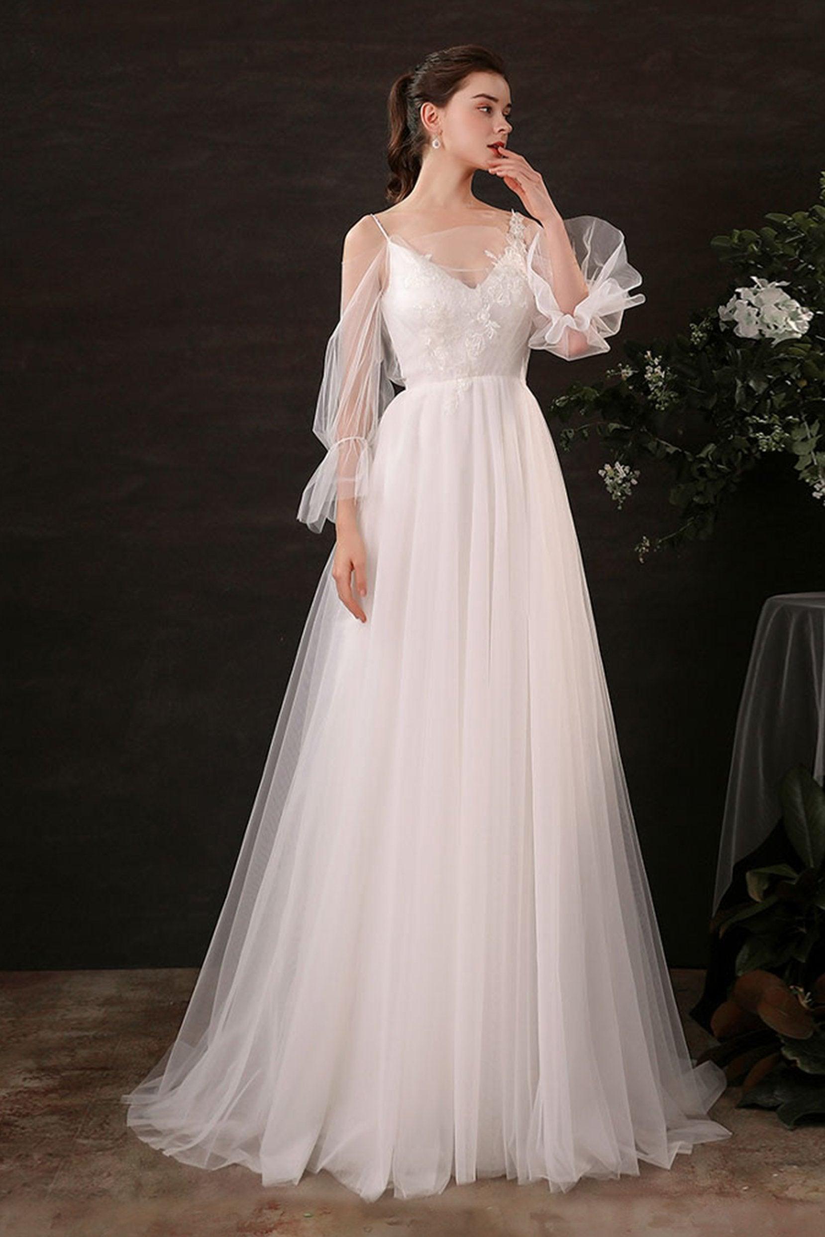 A-Line Floor Length Lace Tulle Wedding Dress CW2688 - COCOMELODY
