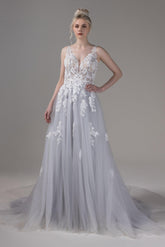 A-Line Chapel Train Lace Tulle Wedding Dress CW2806 - COCOMELODY