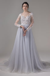 A-Line Chapel Train Lace Tulle Wedding Dress CW2809 - COCOMELODY