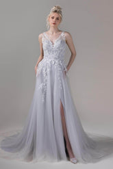 A-Line Chapel Train Lace Tulle Wedding Dress CW2810CR - COCOMELODY