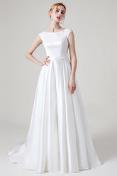 A-Line Sweep-Brush Train Satin Wedding Dress CW2959CR - COCOMELODY