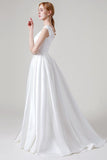 A-Line Sweep-Brush Train Satin Wedding Dress CW2959CR - COCOMELODY