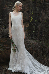 Sheath-Column Court Train Lace Wedding Dress CW3011 - COCOMELODY