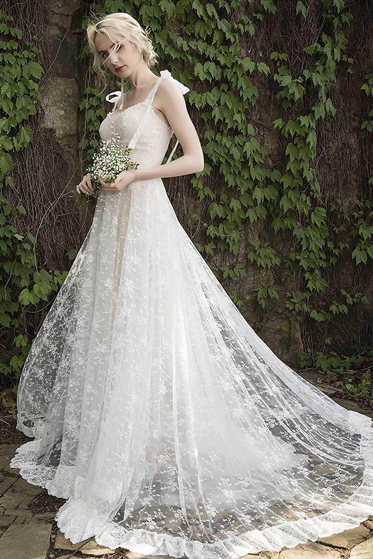 A-Line Sweep-Brush Train Lace Zipper Dreamy Wedding Dress COCOMELODY CW3023