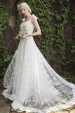 A-Line Sweep-Brush Train Lace Wedding Dress CW3023 - COCOMELODY