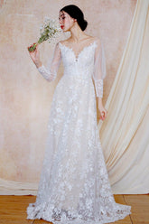 A-Line Sweep-Brush Train Lace Wedding Dress CW3032 - COCOMELODY