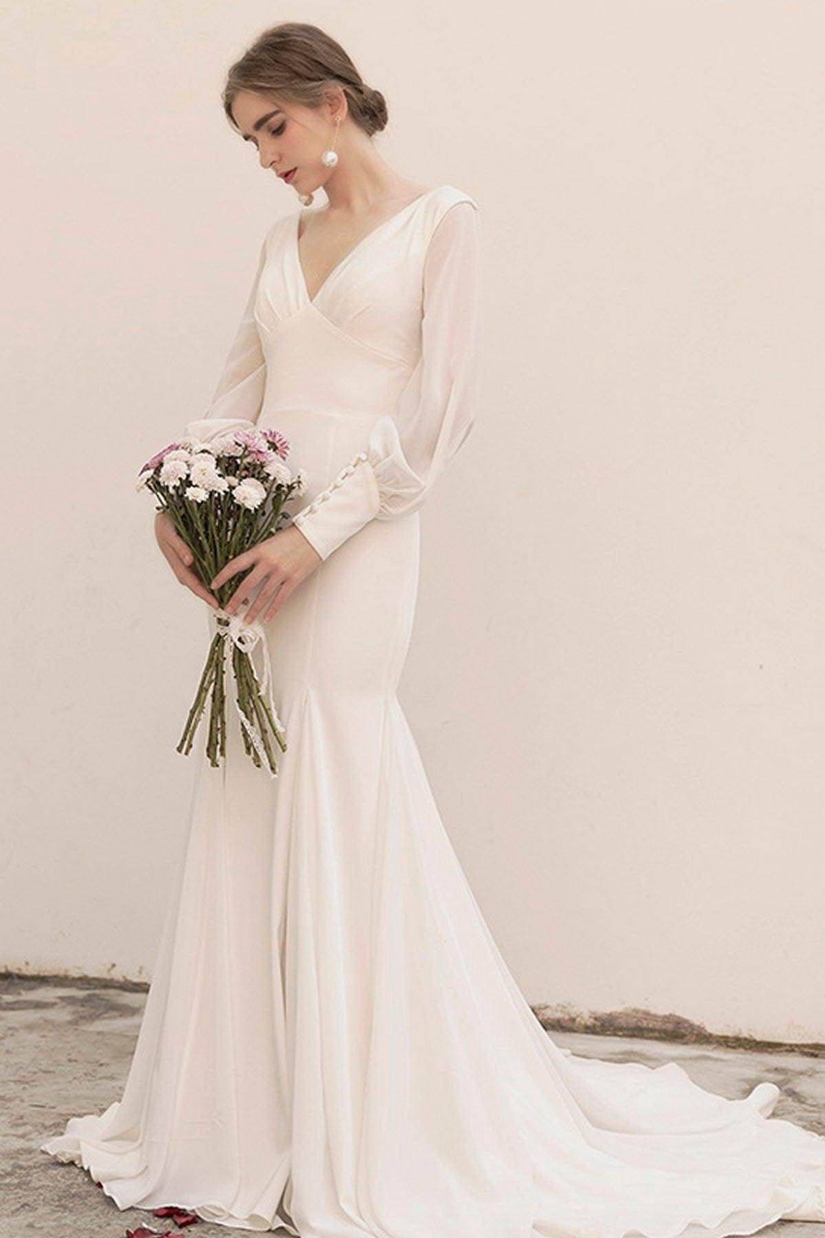 Sweep-Brush Train Satin Chiffon Wedding Dress CW3038 - COCOMELODY