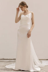 Sheath-Column Sweep-Brush Train Satin Wedding Dress CW3039 - COCOMELODY