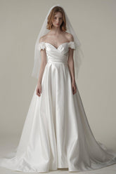 A-Line Sweep-Brush Train Satin Wedding Dress CW3093 - COCOMELODY