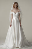 A-Line Sweep-Brush Train Satin Wedding Dress CW3093 - COCOMELODY