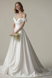 A-Line Sweep-Brush Train Satin Wedding Dress CW3093 - COCOMELODY