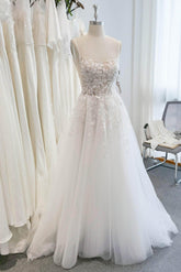 A-Line Sweep-Brush Train Lace Tulle Wedding Dress CW3103 - COCOMELODY