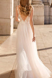 A-Line Sweep-Brush Train Lace Tulle Wedding Dress CW3108 - COCOMELODY