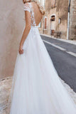 A-Line Sweep-Brush Train Lace Tulle Wedding Dress CW3118 - COCOMELODY