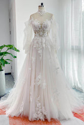Sparkly A-Line High Neck Court Train Lace Tulle Beaded Wedding Dress with Sleeves COCOMELODY CW3156