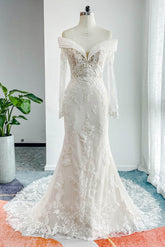 Trumpet-Mermaid Chapel Train Lace Tulle Wedding Dress CW3204CR - COCOMELODY