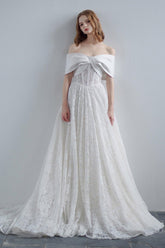 A-Line Sweep-Brush Train Satin Lace Wedding Dress CW3210 - COCOMELODY