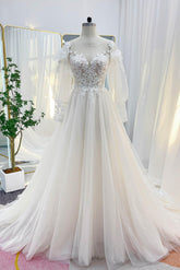 A-Line Chapel Train Lace Tulle Wedding Dress CW3240 - COCOMELODY