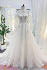 A-Line Chapel Train Lace Tulle Wedding Dress CW3240 - COCOMELODY