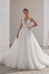 A-Line Chapel Train Lace Tulle Wedding Dress CW3260