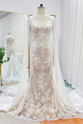 Trumpet-Mermaid Chapel Train Lace Tulle Wedding Dress CW3279 - COCOMELODY