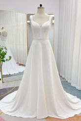 A-Line Sweep-Brush Train Stretch Satin Wedding Dress CW3287 - COCOMELODY