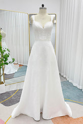 A-Line Sweep-Brush Train Jacquard Satin Wedding Dress CW3293 - COCOMELODY