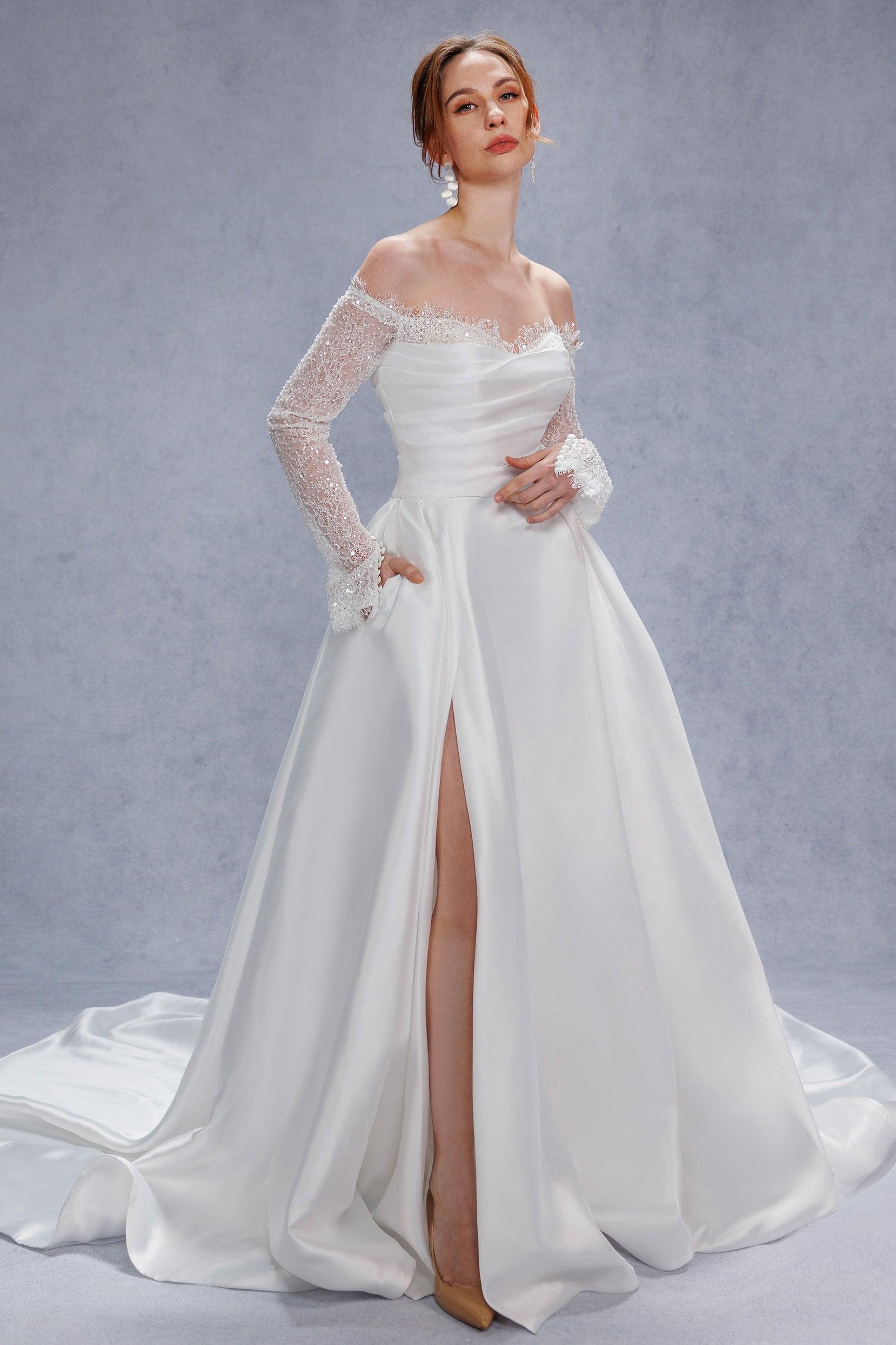 A-Line Court Train Mikado Lace Wedding Dress CW3335 - COCOMELODY