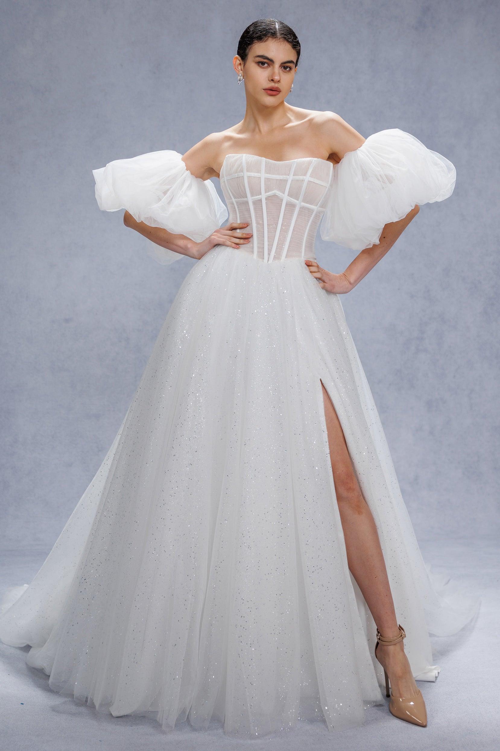 A-Line Court Train Sparkle Tulle Wedding Dress CW3339 - COCOMELODY