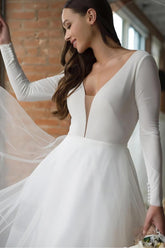A-Line Wedding Dress with Tulle and Long Sleeves CW3374 - COCOMELODY