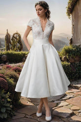 Appliqué Lace Satin Ankle-Length Little White Dress CW3377 - COCOMELODY