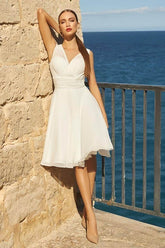 Key Hole Chiffon Knee-Length Little White Dress CW3378 - COCOMELODY