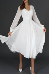 Long Sleeve Chiffon Tea-Length Little White Dress CW3385 - COCOMELODY