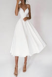 A-Line V-Neck Sleeveless Satin Tea-Length Dress CW3390 - COCOMELODY
